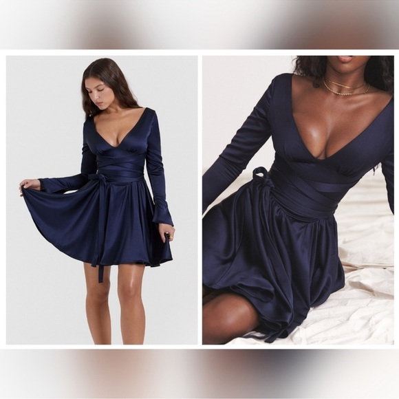 NWOT House of CB Dominique Crossover Strap Plunge Spruce Blue Mini Dress sz S - Picture 1 of 8